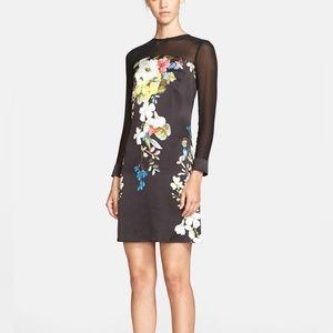 Erdem Onassis Silk Floral Print Sheer Mesh Long Sleeve Dress